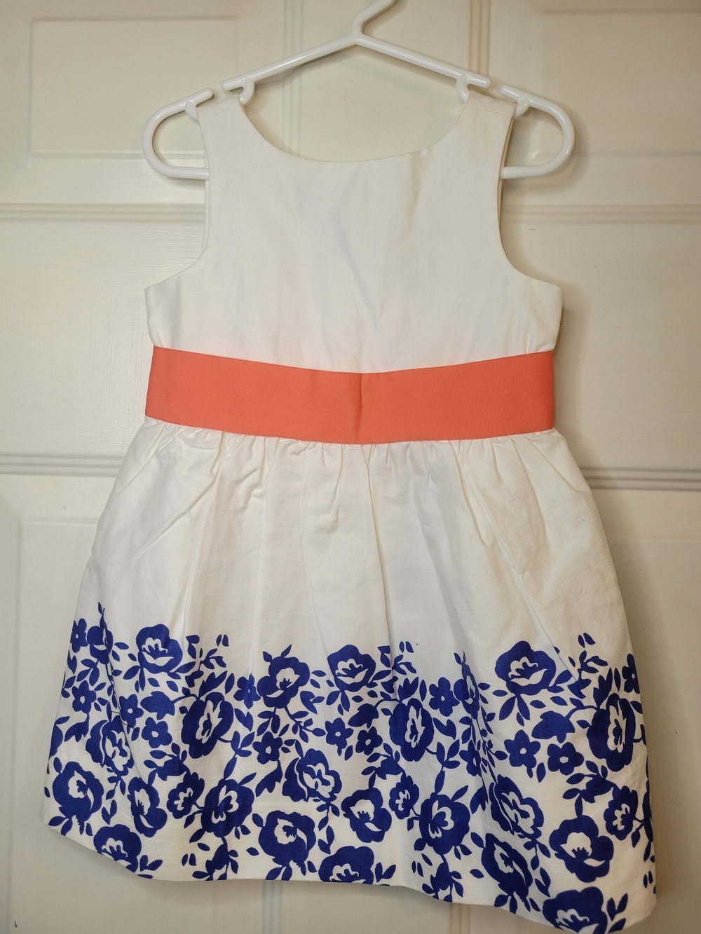 Janie and Jack White Dress with Blue Floral Border and Coral Waistband - Picture 3 of 7